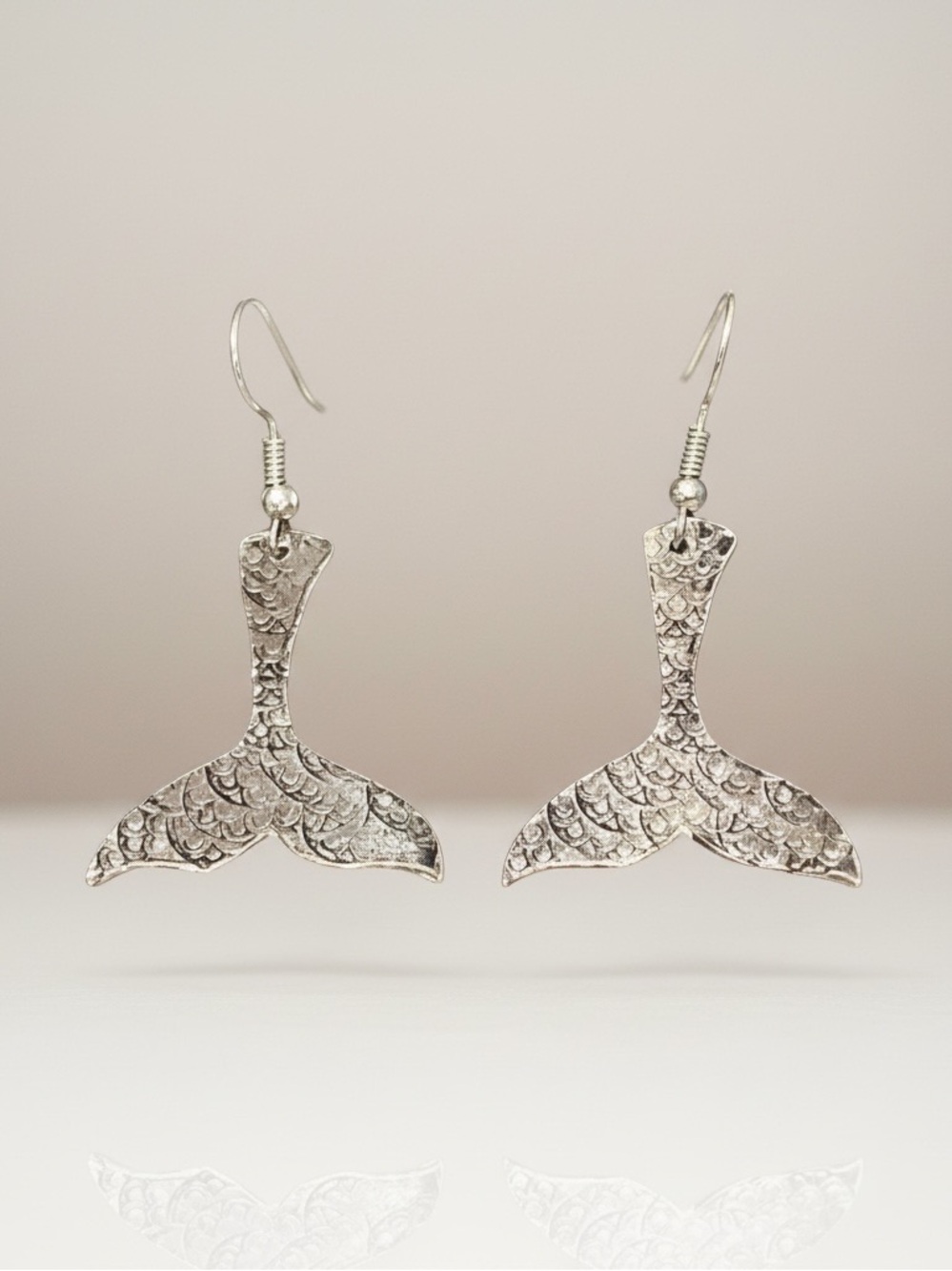Handmade stamped silver‎ pewter mermaid tail surgical steel French hook earrings